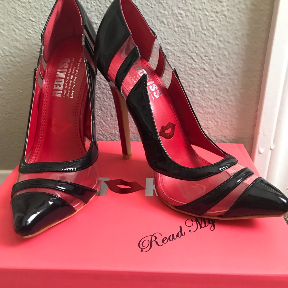 Red kiss pointed toe patent stilettos